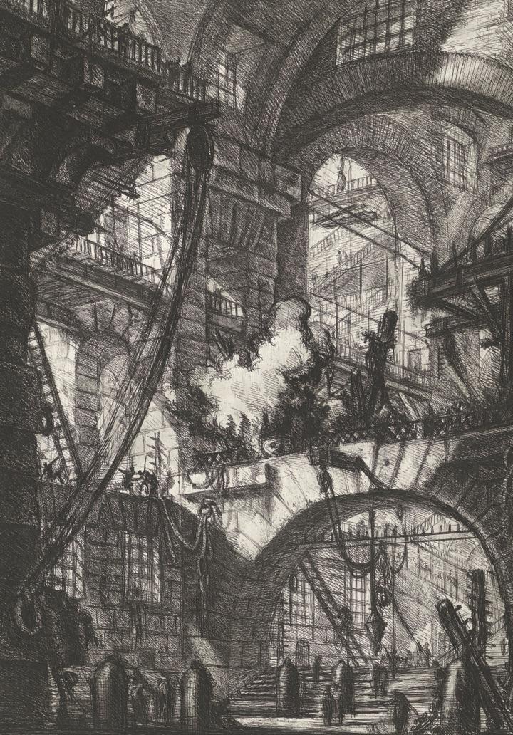 Piranesi, Prison with a smoking fire: dark vaults climbing toward a lit arch