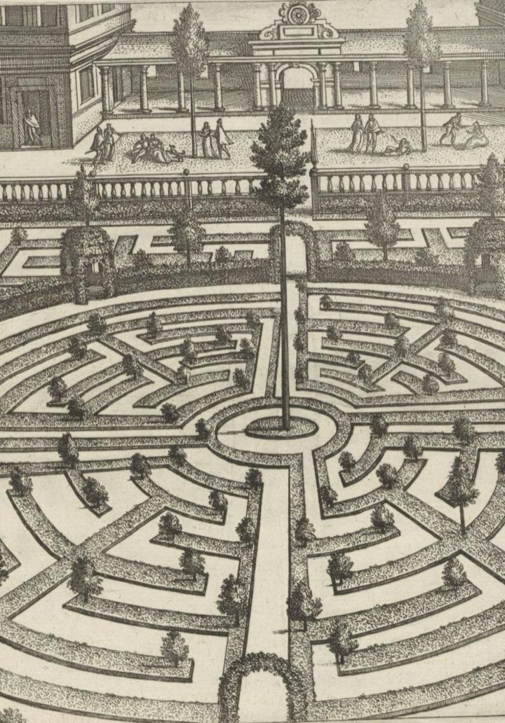 A walled garden labyrinth seen in perspective, paths radiating from one entrance arch