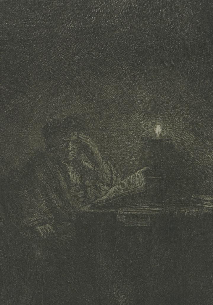 Rembrandt, a student at a table by candlelight in near-total darkness