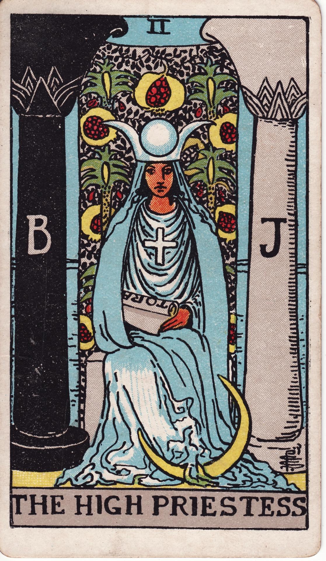 The High Priestess, Rider–Waite–Smith deck (1909), drawn by Pamela Colman Smith